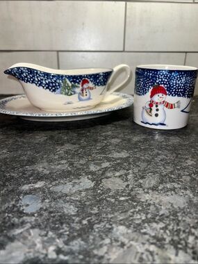 Thomson Pottery Snowman Holiday Gravy Boat and Crock Set - Spongewear Vintage